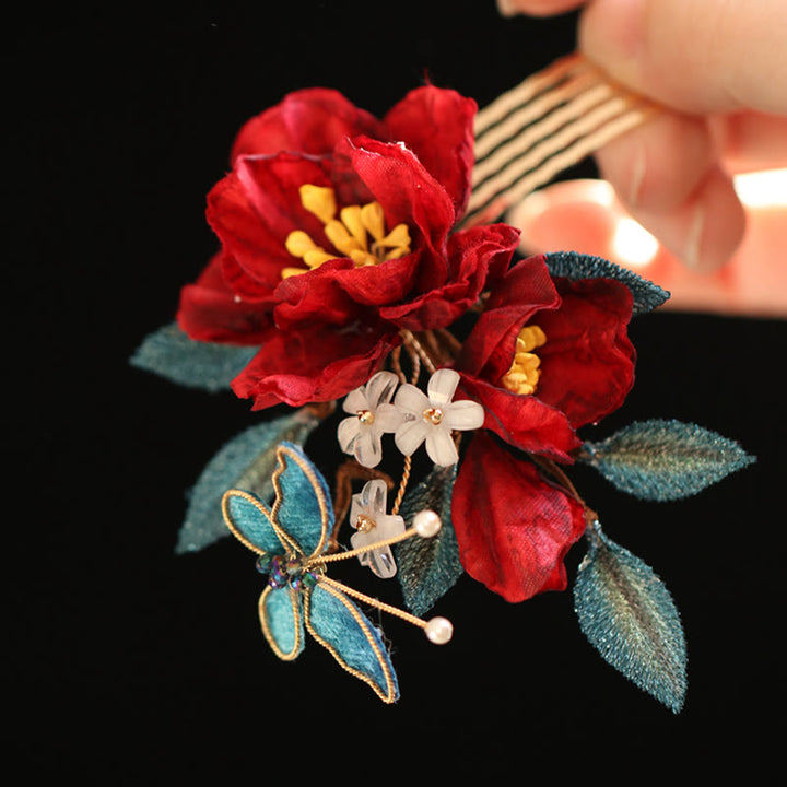 Buddha Stones Chinese Style Red Camellia Butterfly Hair Clip Hair Comb Hairpin Barrette Accessory - image 14