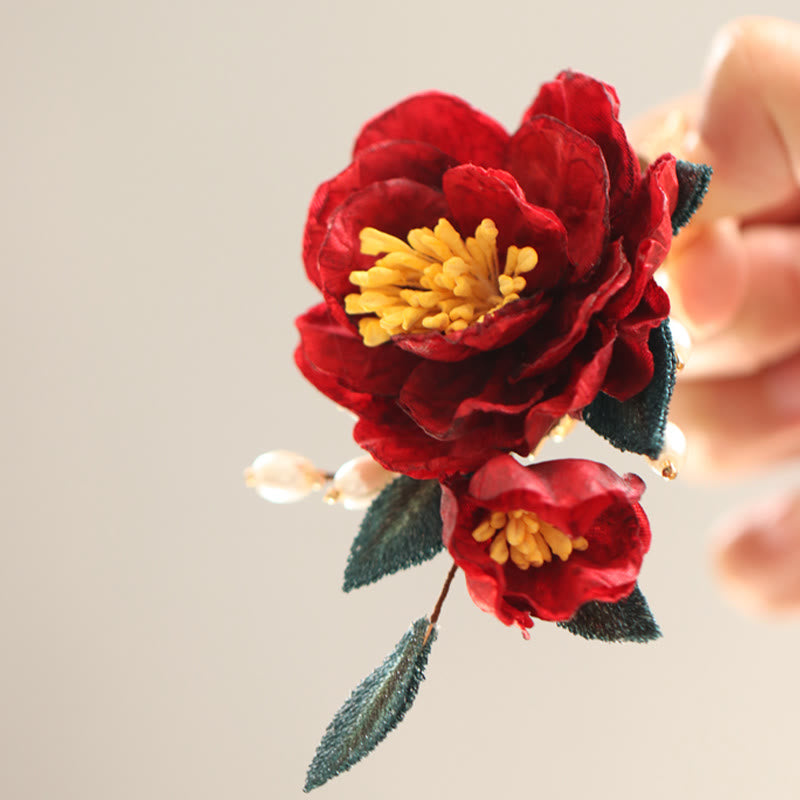 Buddha Stones Chinese Style Red Camellia Butterfly Hair Clip Hair Comb Hairpin Barrette Accessory - Red Camellia Hair Clip - image 8