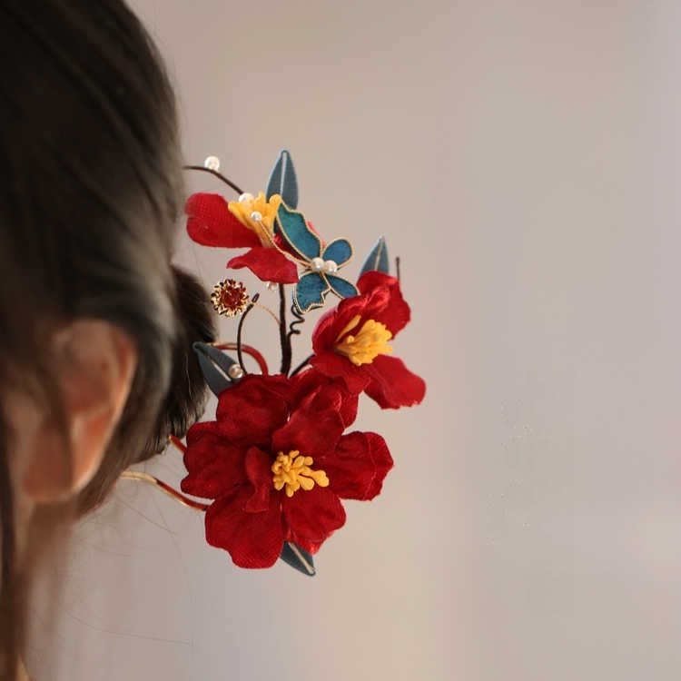 Buddha Stones Chinese Wedding Red Flower Butterfly Hair Comb Hairpin Barrette - Red Flower Butterfly Hair Comb - image 0