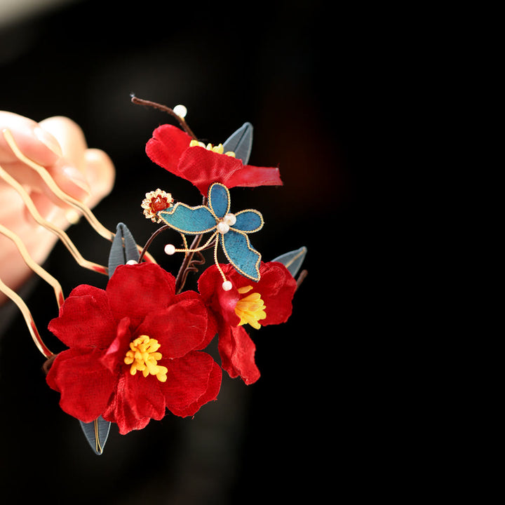 Buddha Stones Chinese Wedding Red Flower Butterfly Hair Comb Hairpin Barrette - image 2