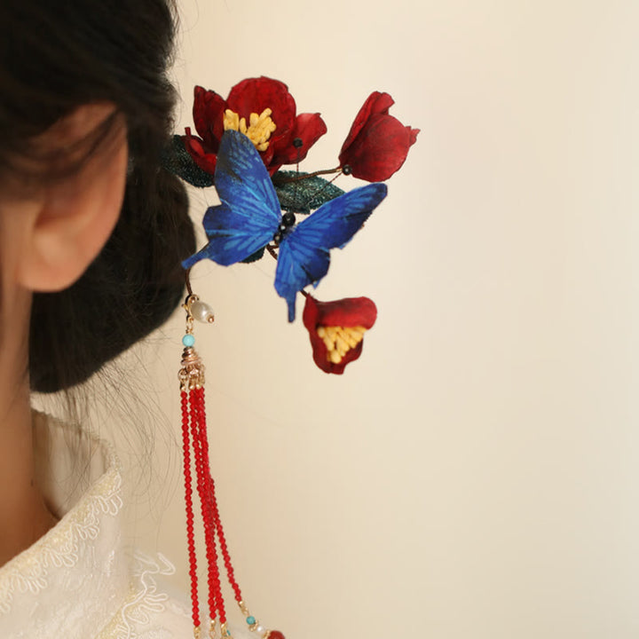 Buddha Stones Classical Chinese Style Red Flower Blue Butterfly Hairpin - image 4