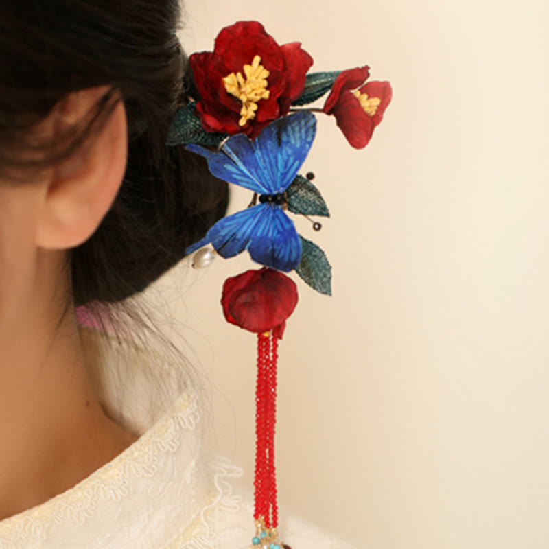Buddha Stones Classical Chinese Style Red Flower Blue Butterfly Hairpin - image 1