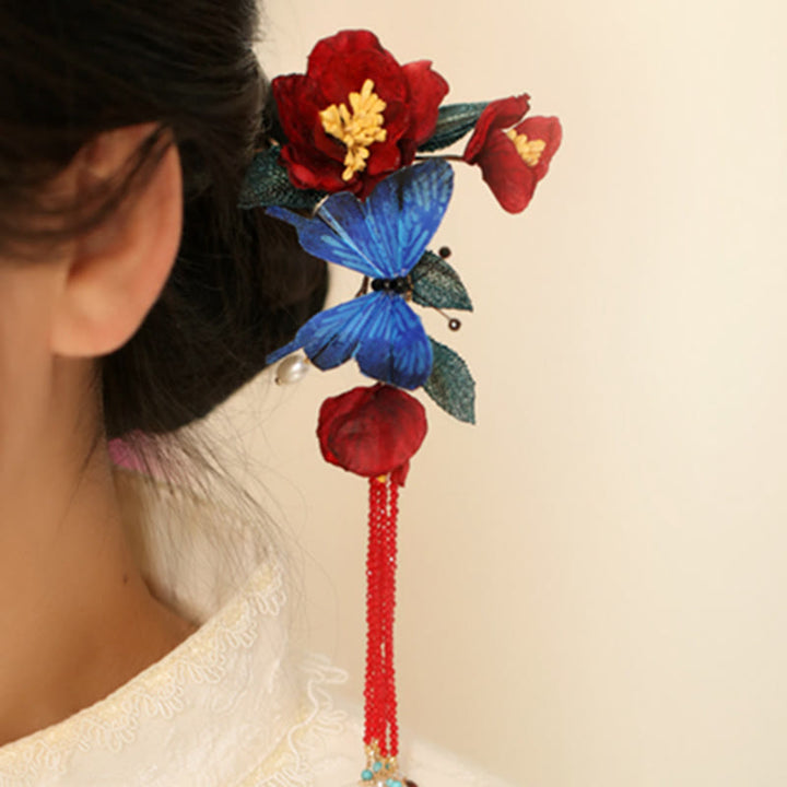 Buddha Stones Classical Chinese Style Red Flower Blue Butterfly Hairpin - image 1