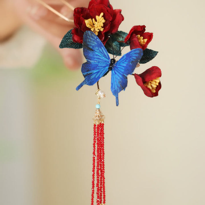 Buddha Stones Classical Chinese Style Red Flower Blue Butterfly Hairpin - image 6