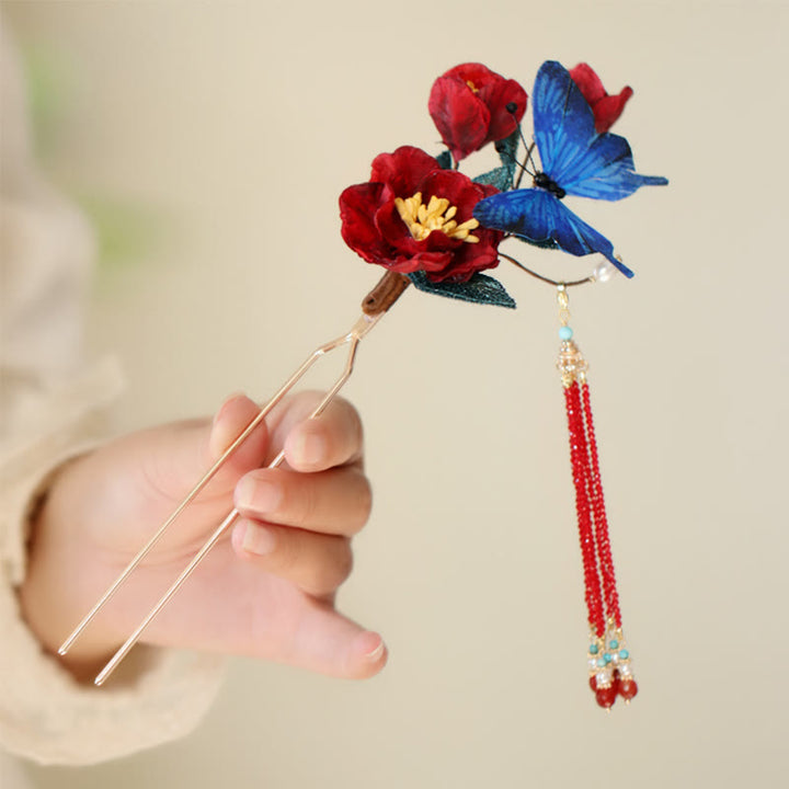 Buddha Stones Classical Chinese Style Red Flower Blue Butterfly Hairpin - image 7