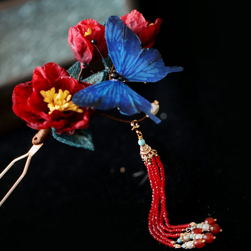 Buddha Stones Classical Chinese Style Red Flower Blue Butterfly Hairpin - image 10