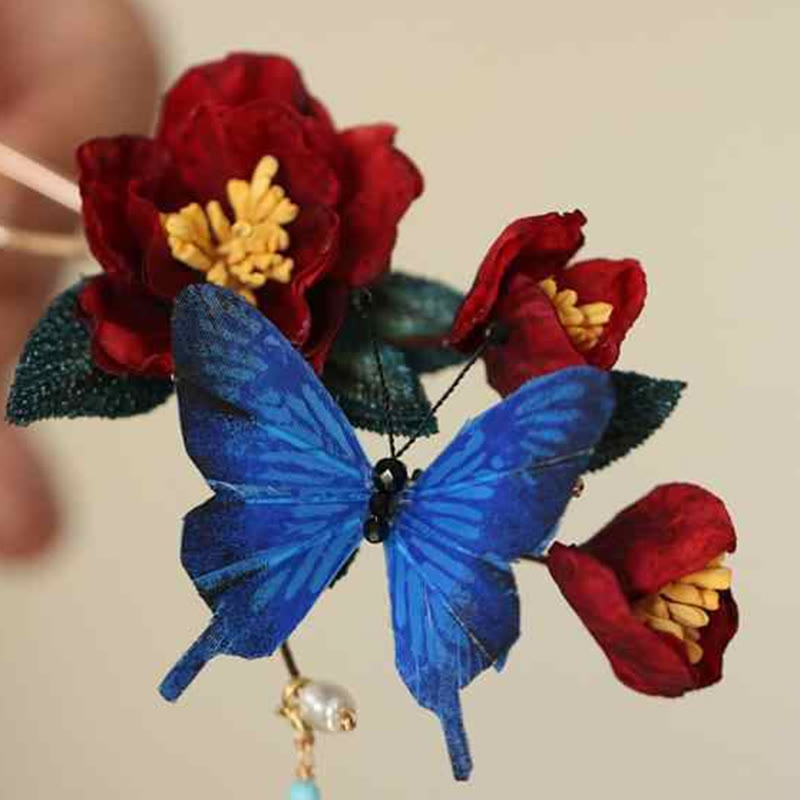 Buddha Stones Classical Chinese Style Red Flower Blue Butterfly Hairpin - image 8