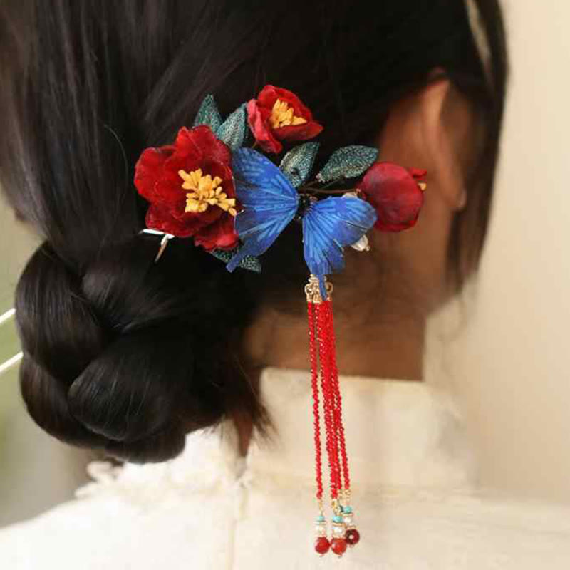 Buddha Stones Classical Chinese Style Red Flower Blue Butterfly Hairpin - image 2