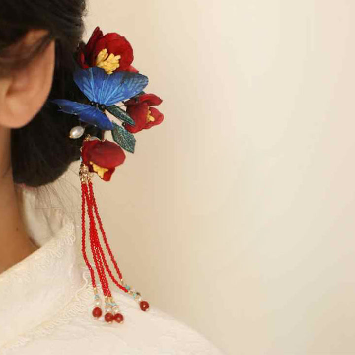 Buddha Stones Classical Chinese Style Red Flower Blue Butterfly Hairpin - Red Flower Butterfly Hairpin - image 0