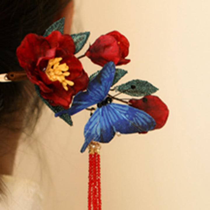 Buddha Stones Classical Chinese Style Red Flower Blue Butterfly Hairpin - image 5