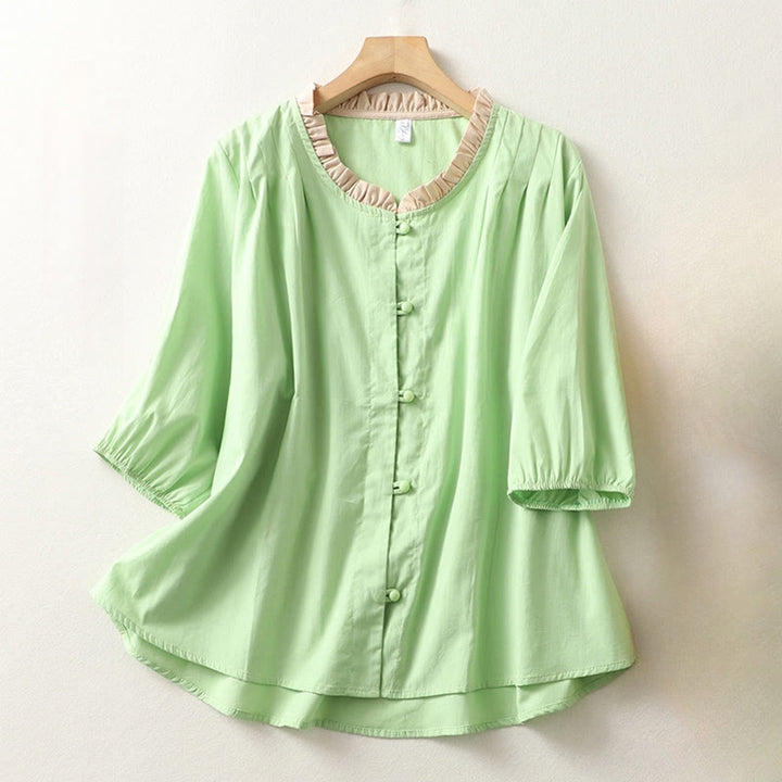 Buddha Stones Casual Plain Frog-Button Women's Ruffle Collar Design Half Sleeve Cotton Linen Shirt - PaleGreen - US8-10，UK/AU12-14，EU40-42 (2XL) - image 13