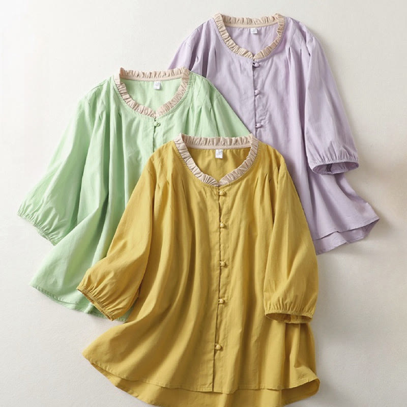 Buddha Stones Casual Plain Frog-Button Women's Ruffle Collar Design Half Sleeve Cotton Linen Shirt - image 20
