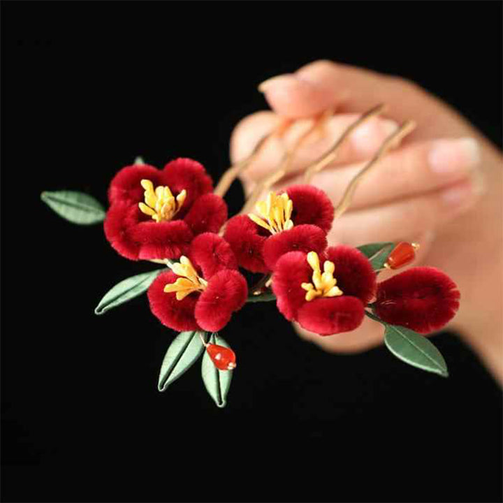 Buddha Stones Classical Chinese Style Red Flower Blue Butterfly Hairpin Hair Comb Barrette - image 12