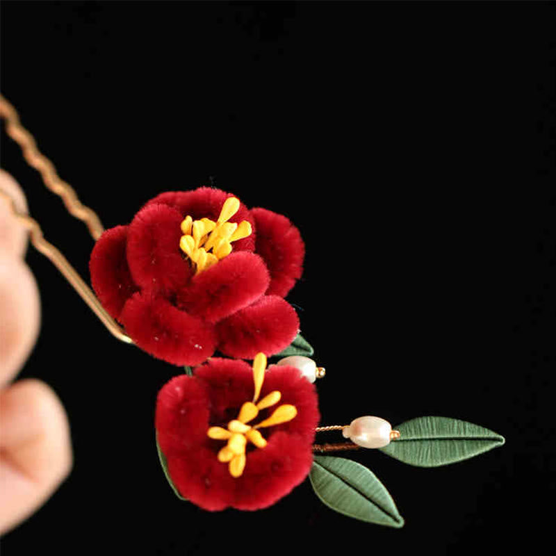 Buddha Stones Classical Chinese Style Red Flower Blue Butterfly Hairpin Hair Comb Barrette - Red Flower U-Shaped Hairpin - image 17