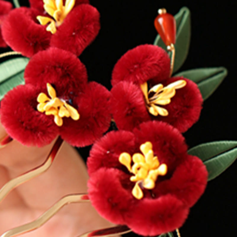 Buddha Stones Classical Chinese Style Red Flower Blue Butterfly Hairpin Hair Comb Barrette - image 11