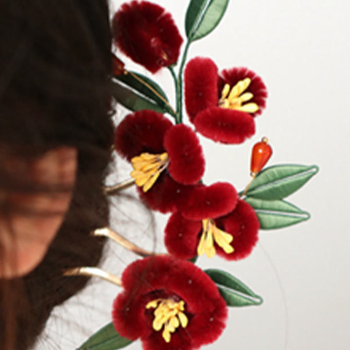 Buddha Stones Classical Chinese Style Red Flower Blue Butterfly Hairpin Hair Comb Barrette - image 10