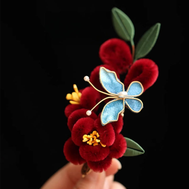 Buddha Stones Classical Chinese Style Red Flower Blue Butterfly Hairpin Hair Comb Barrette - image 15