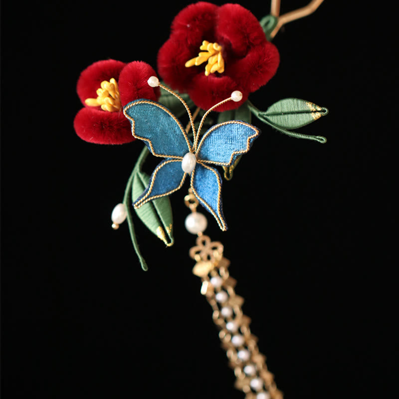 Buddha Stones Classical Chinese Style Red Flower Blue Butterfly Hairpin Hair Comb Barrette - image 5
