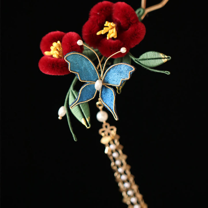 Buddha Stones Classical Chinese Style Red Flower Blue Butterfly Hairpin Hair Comb Barrette - image 5