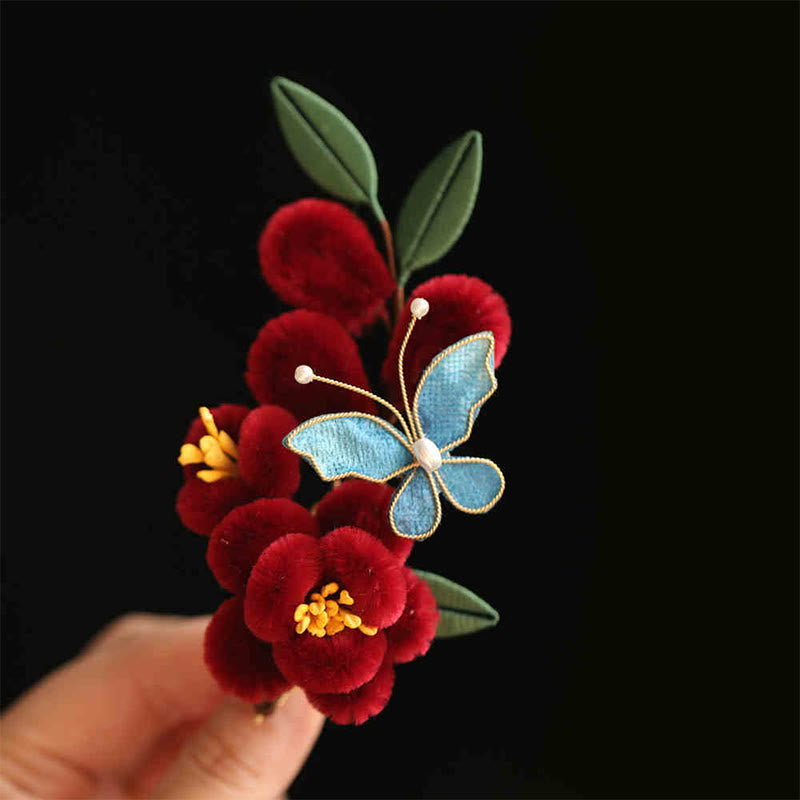 Buddha Stones Classical Chinese Style Red Flower Blue Butterfly Hairpin Hair Comb Barrette - Red Blue Butterfly Hair Clip - image 14