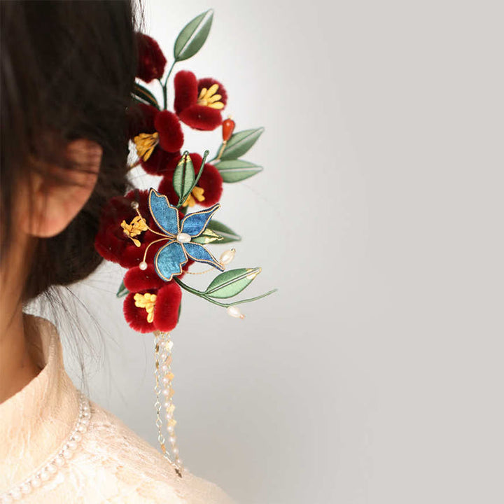Buddha Stones Classical Chinese Style Red Flower Blue Butterfly Hairpin Hair Comb Barrette - Red Blue Butterfly Hairpin With Tassels - image 0