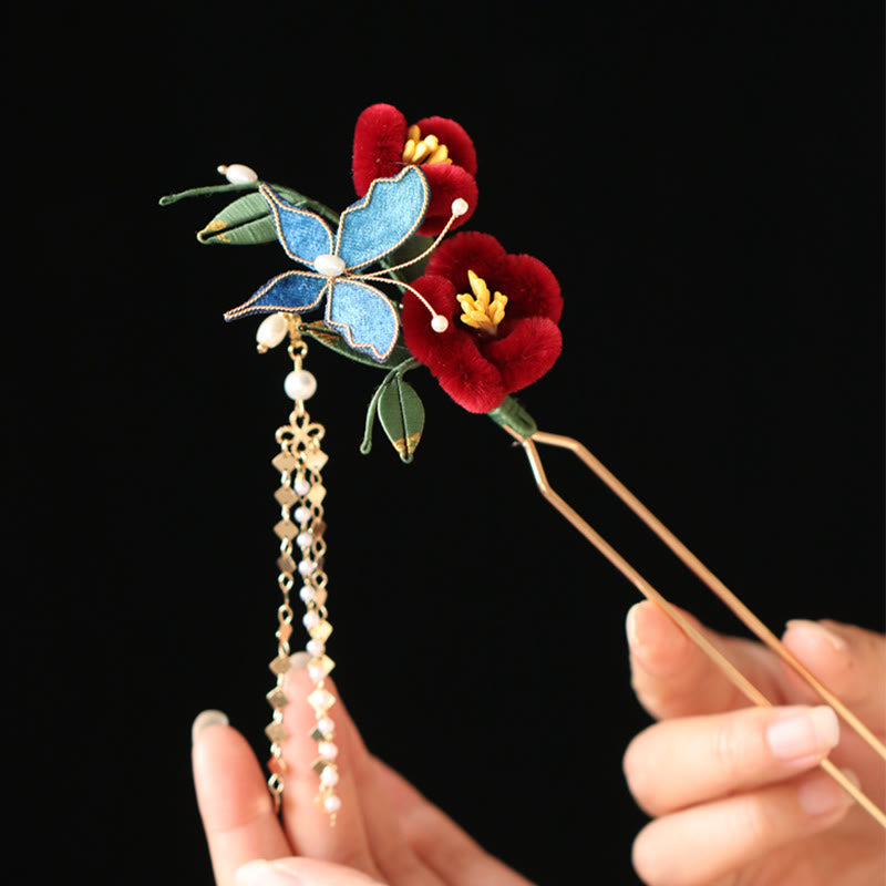 Buddha Stones Classical Chinese Style Red Flower Blue Butterfly Hairpin Hair Comb Barrette - image 8