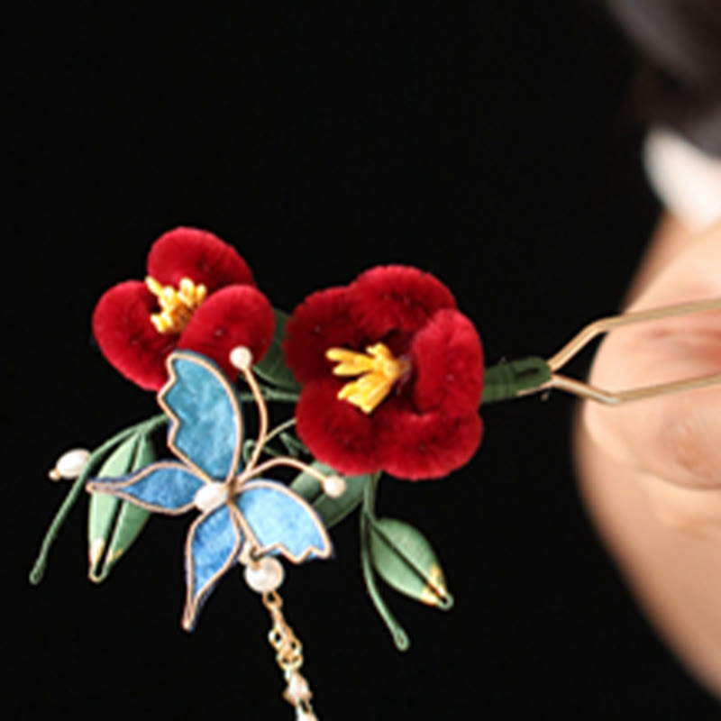 Buddha Stones Classical Chinese Style Red Flower Blue Butterfly Hairpin Hair Comb Barrette - image 7