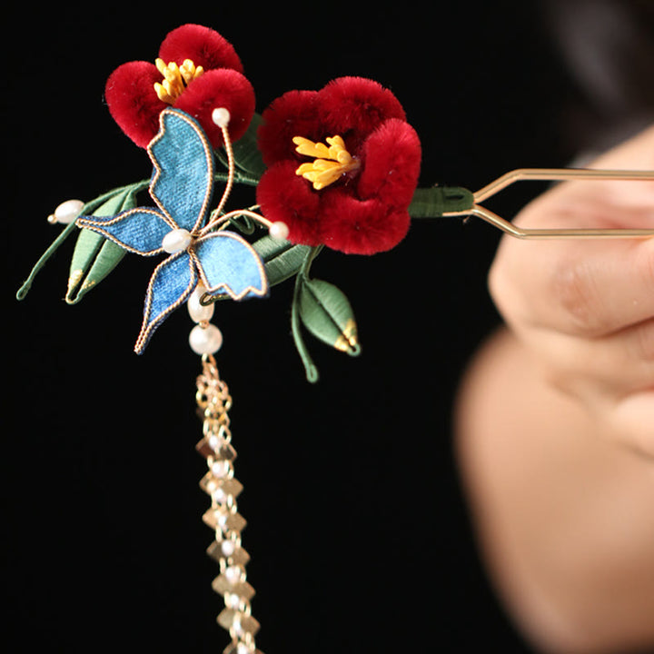 Buddha Stones Classical Chinese Style Red Flower Blue Butterfly Hairpin Hair Comb Barrette - image 4