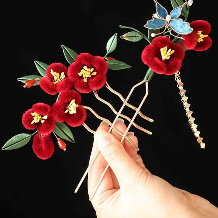 Buddha Stones Classical Chinese Style Red Flower Blue Butterfly Hairpin Hair Comb Barrette - image 13