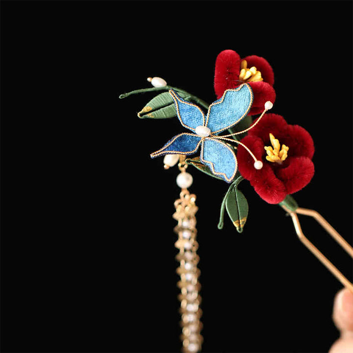 Buddha Stones Classical Chinese Style Red Flower Blue Butterfly Hairpin Hair Comb Barrette - image 3