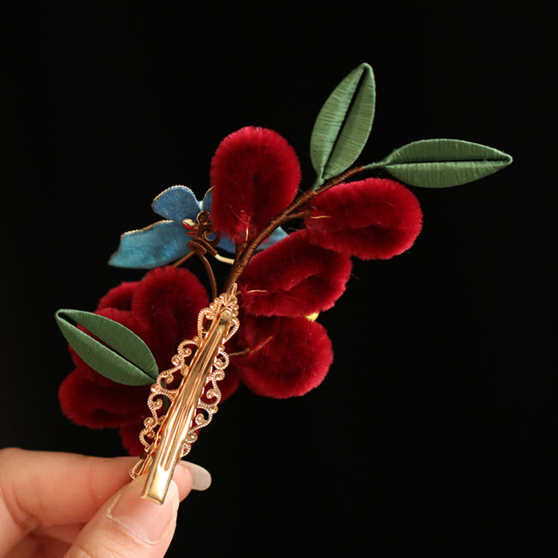 Buddha Stones Classical Chinese Style Red Flower Blue Butterfly Hairpin Hair Comb Barrette - image 16