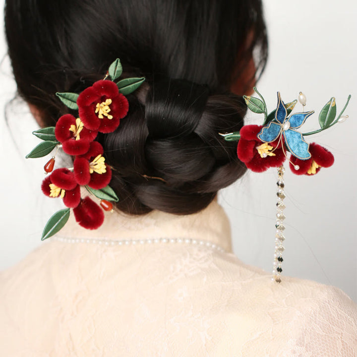 Buddha Stones Classical Chinese Style Red Flower Blue Butterfly Hairpin Hair Comb Barrette - image 1