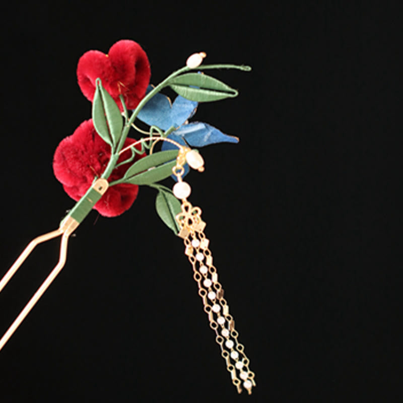 Buddha Stones Classical Chinese Style Red Flower Blue Butterfly Hairpin Hair Comb Barrette - image 6