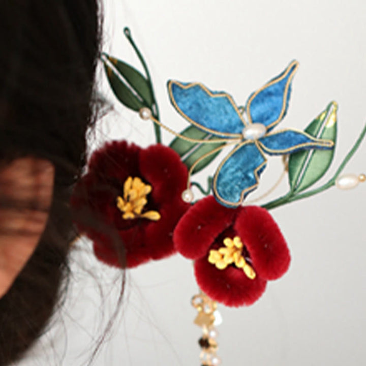 Buddha Stones Classical Chinese Style Red Flower Blue Butterfly Hairpin Hair Comb Barrette - image 2