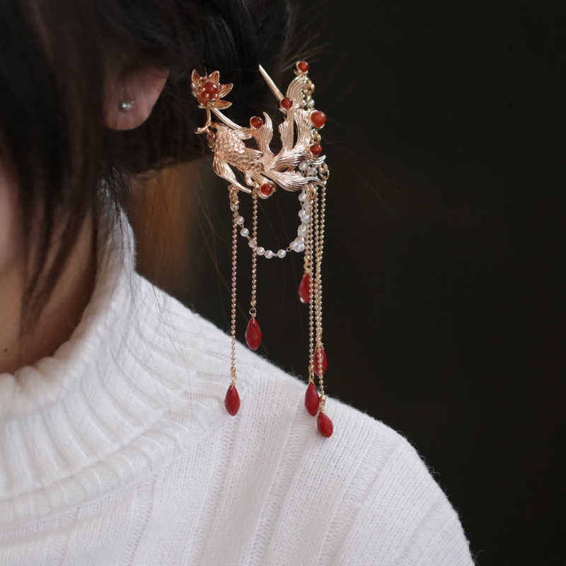 Buddha Stones Chinese Style Koi Fish Flower Tassel Red Agate Copper Gold Plated Hairpin Hair Comb - image 4