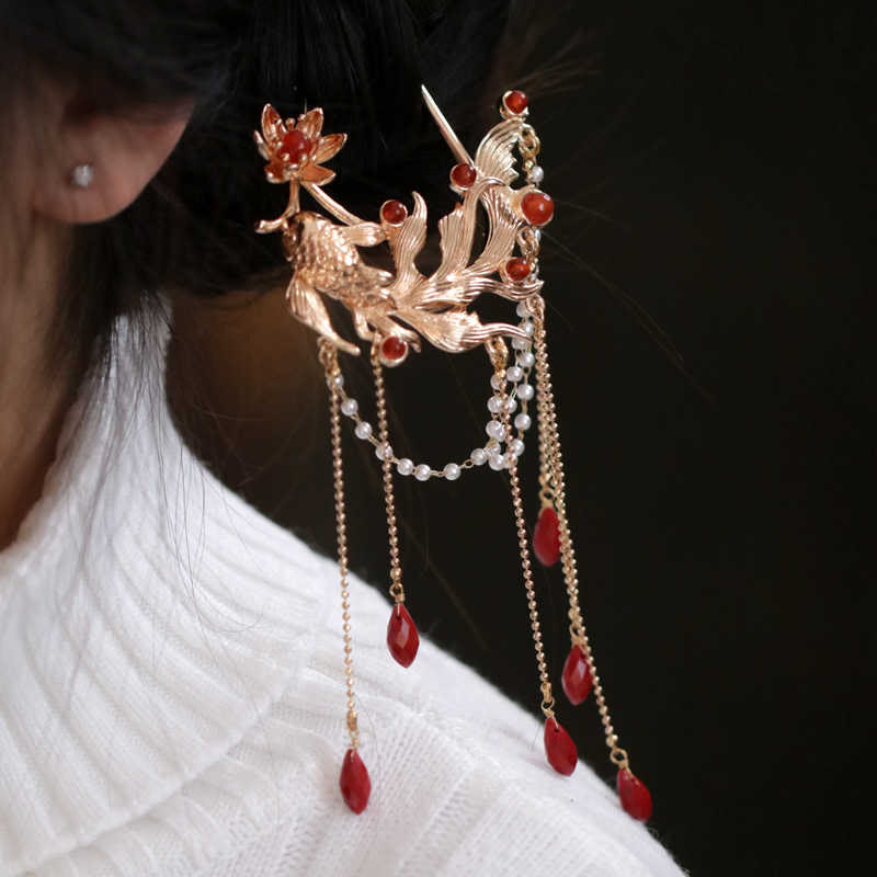 Buddha Stones Chinese Style Koi Fish Flower Tassel Red Agate Copper Gold Plated Hairpin Hair Comb - Koi Fish Hairpin - image 0