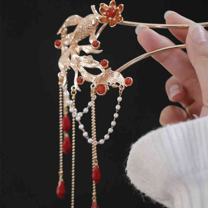 Buddha Stones Chinese Style Koi Fish Flower Tassel Red Agate Copper Gold Plated Hairpin Hair Comb - image 2