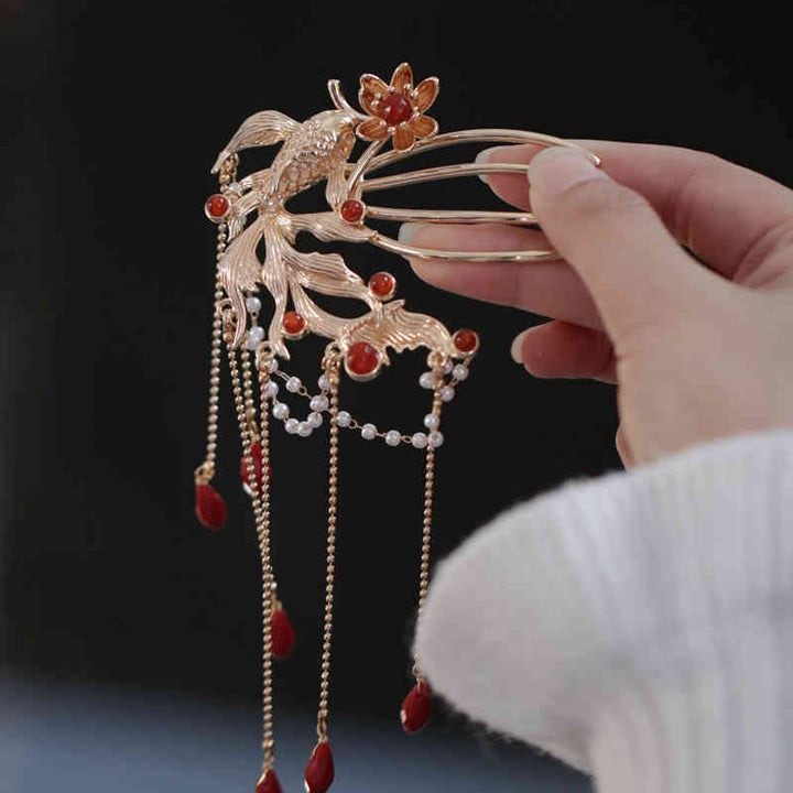 Buddha Stones Chinese Style Koi Fish Flower Tassel Red Agate Copper Gold Plated Hairpin Hair Comb - Koi Fish Hair Comb - image 5