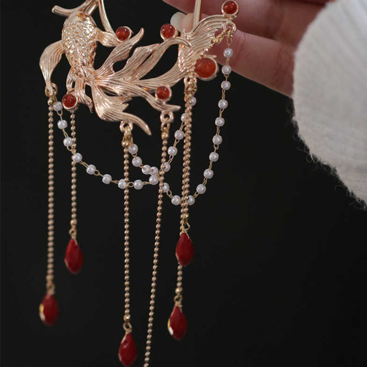 Buddha Stones Chinese Style Koi Fish Flower Tassel Red Agate Copper Gold Plated Hairpin Hair Comb - image 3