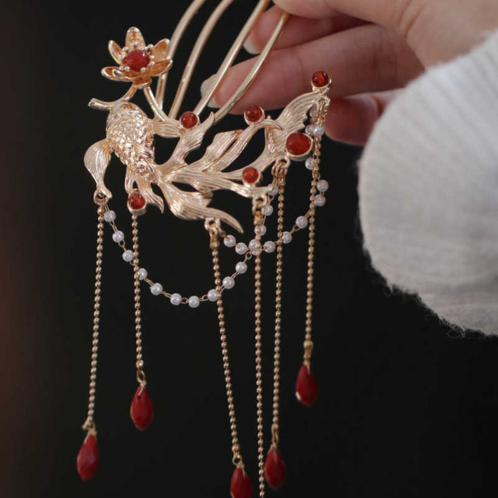 Buddha Stones Chinese Style Koi Fish Flower Tassel Red Agate Copper Gold Plated Hairpin Hair Comb - image 6