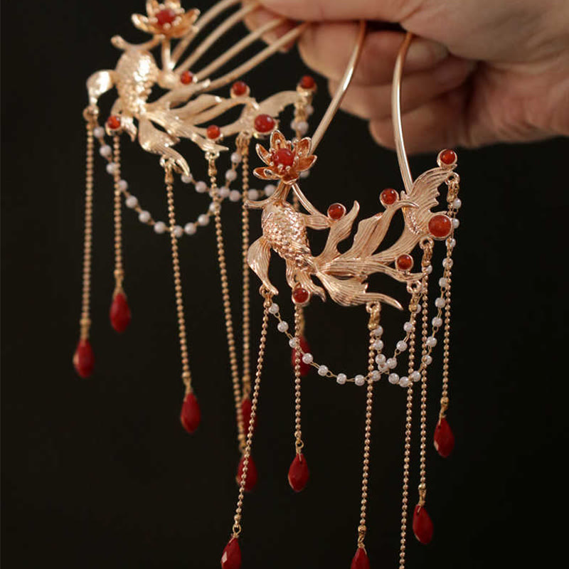 Buddha Stones Chinese Style Koi Fish Flower Tassel Red Agate Copper Gold Plated Hairpin Hair Comb - image 1