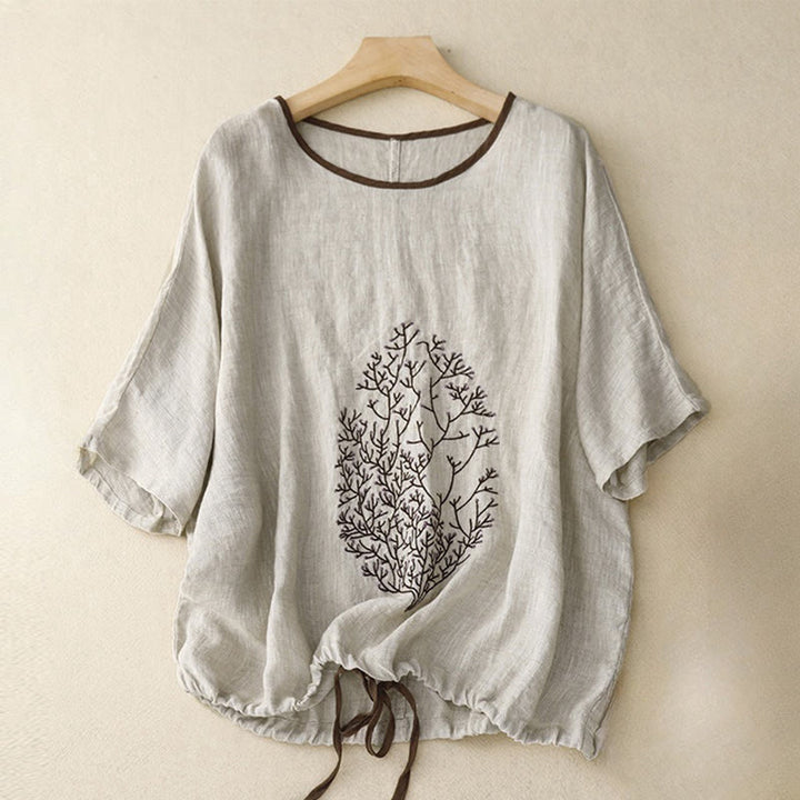 Buddha Stones Casual Embroidery Tree Drawstring Women's Crew Neck Design Half Sleeve T-Shirt - LightGrey - US14，UK/AU18，EU46 (2XL) - image 0