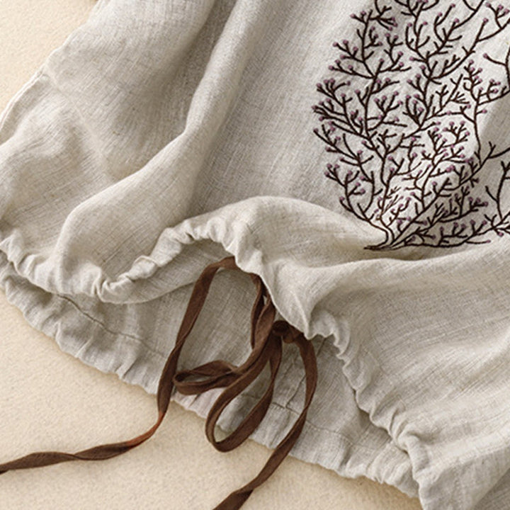 Buddha Stones Casual Embroidery Tree Drawstring Women's Crew Neck Design Half Sleeve Cotton Linen T-Shirt - image 4
