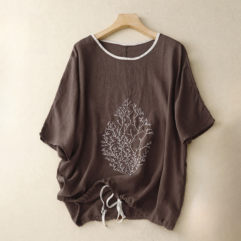 Buddha Stones Casual Embroidery Tree Drawstring Women's Crew Neck Design Half Sleeve T-Shirt - SaddleBrown - US14，UK/AU18，EU46 (2XL) - image 10