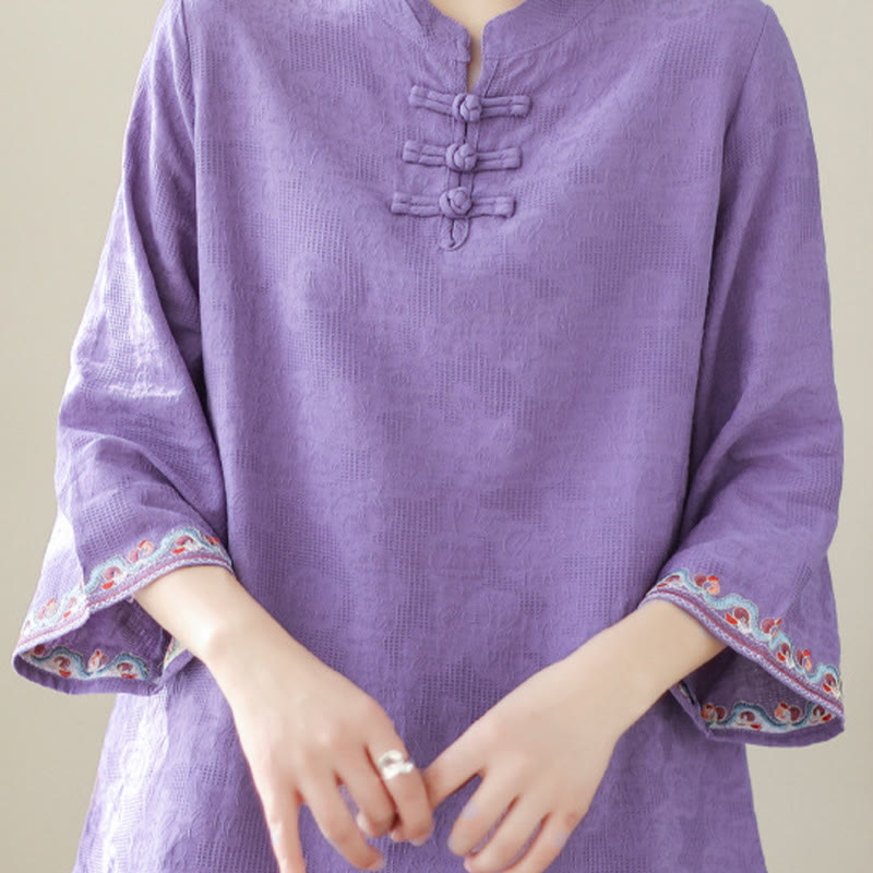 Buddha Stones Casual Jacquard Frog-Button Women's Crew Neck Design Three Quarter Sleeve Cotton Linen Shirt - image 24