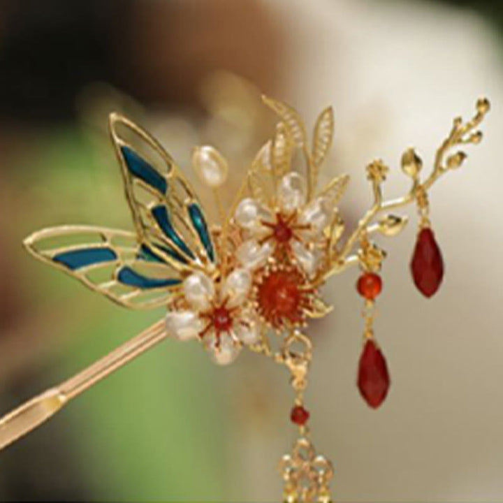 Buddha Stones Classical Chinese Style Flower Branche Butterfly Pearl Tassel Hair Clip Hairpin Hair Crown - image 2