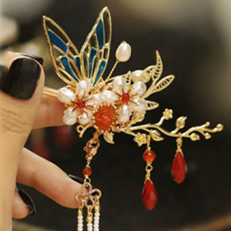 Buddha Stones Classical Chinese Style Flower Branche Butterfly Pearl Tassel Hair Clip Hairpin Hair Crown - image 5