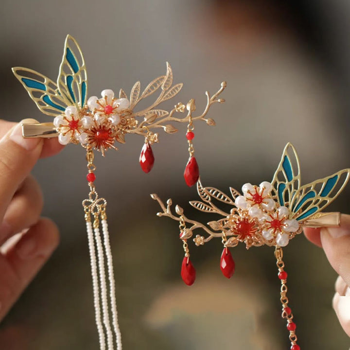 Buddha Stones Classical Chinese Style Flower Branche Butterfly Pearl Tassel Hair Clip Hairpin Hair Crown - image 21