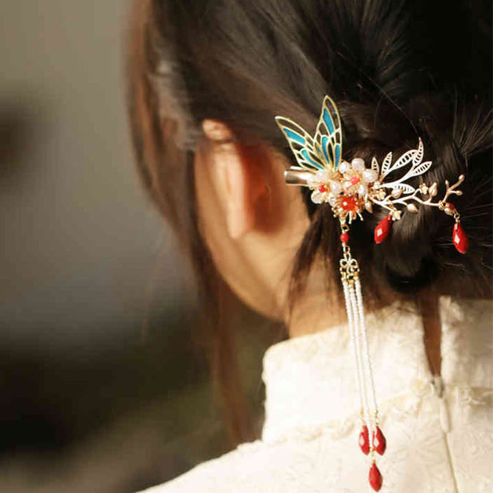 Buddha Stones Classical Chinese Style Flower Branche Butterfly Pearl Tassel Hair Clip Hairpin Hair Crown - Red Flower Butterfly Hair Clip(Left) - image 20