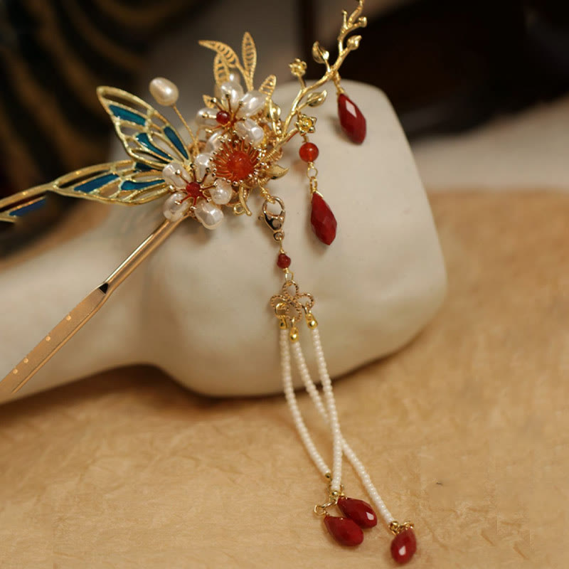 Buddha Stones Classical Chinese Style Flower Branche Butterfly Pearl Tassel Hair Clip Hairpin Hair Crown - image 26